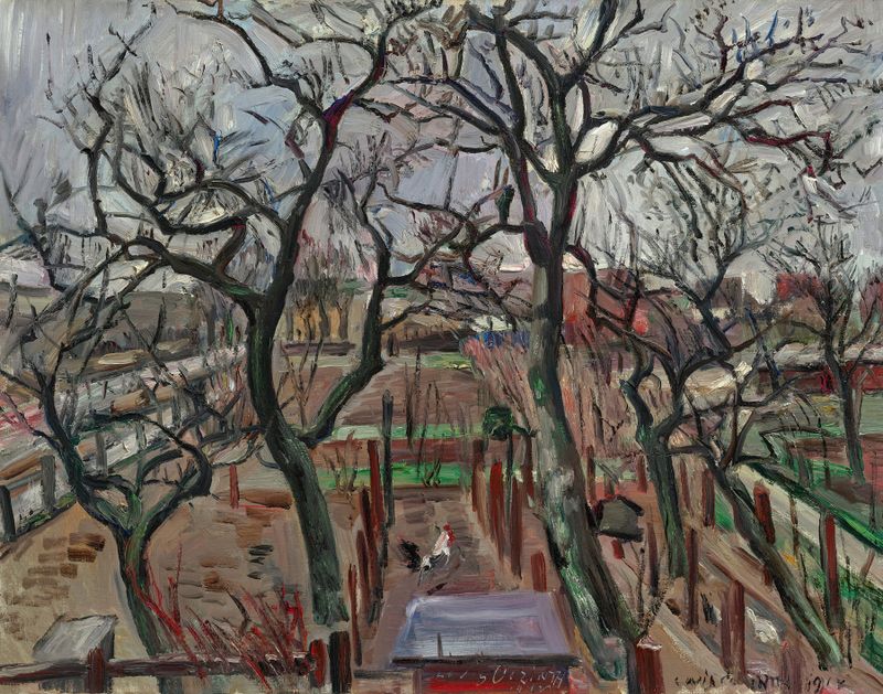 Paisaje invernal con huerto y ramas esqueléticas de Lovis Corinth, pintura al óleo