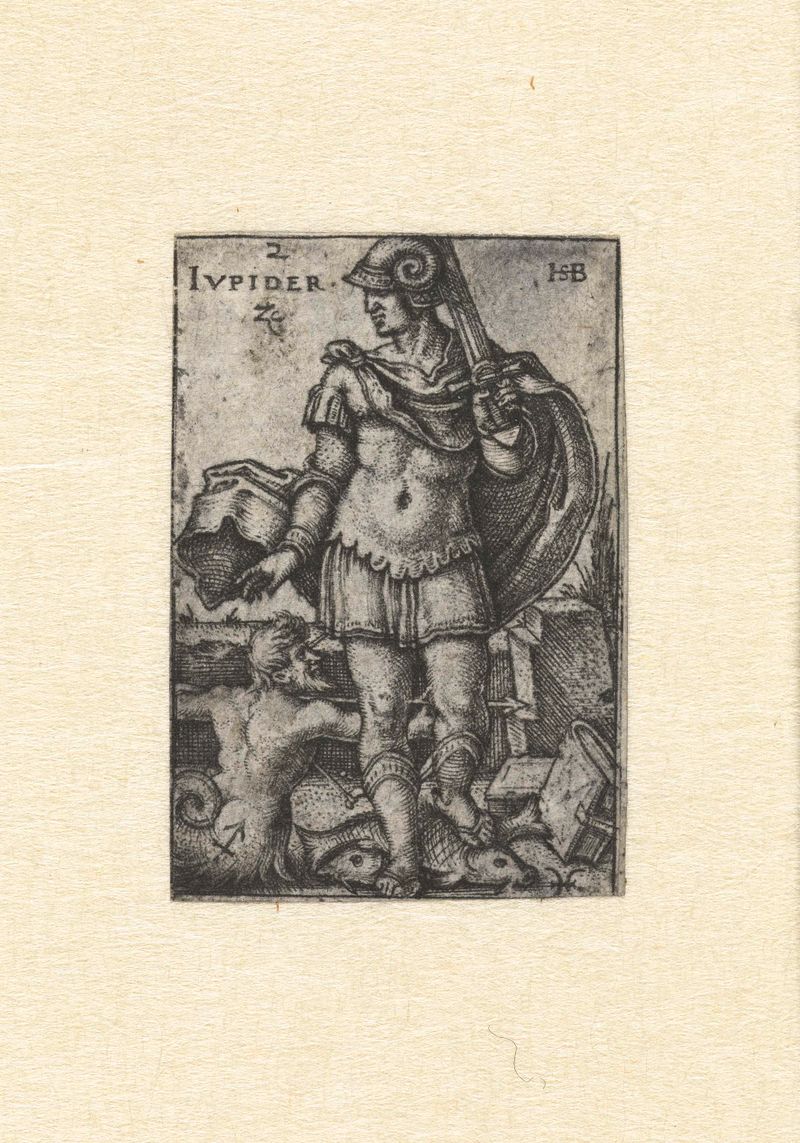 Grabado de Hans Sebald Beham que representa a Sagitario y Piscis en un cielo nocturno.