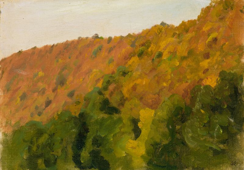 Autumn forest scene with vibrant leaves, oil on canvas by Gustav Kampmann