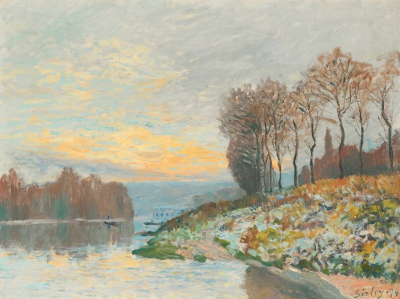 La Seine Près De Bougival de Alfred Sisley, óleo sobre lienzo que representa un paisaje de río tranquilo.