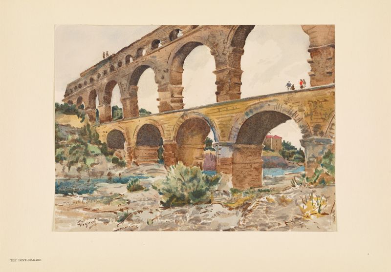 The Pont du Gard by Pierre Vignal, a stone bridge in dusk light, Post-Impressionism
