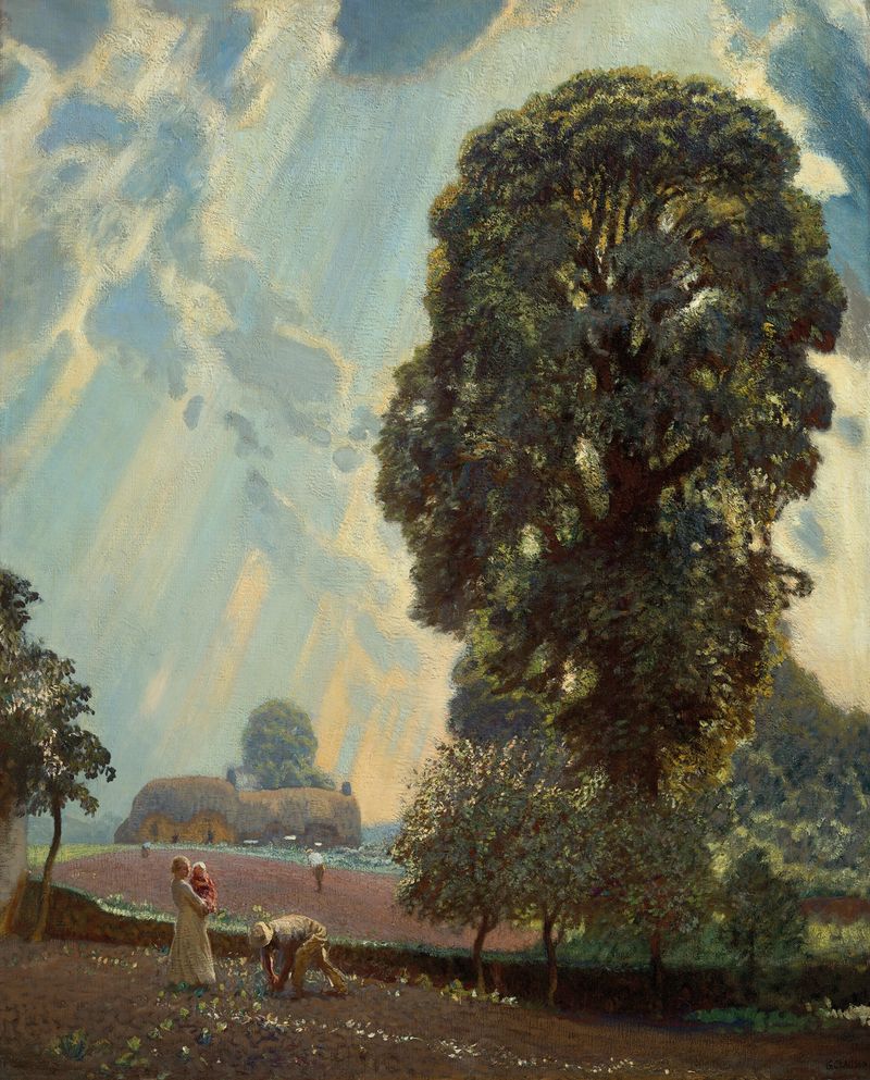 Oil painting by Sir George Clausen depicting farmers joyfully returning to fields after summer rain.
