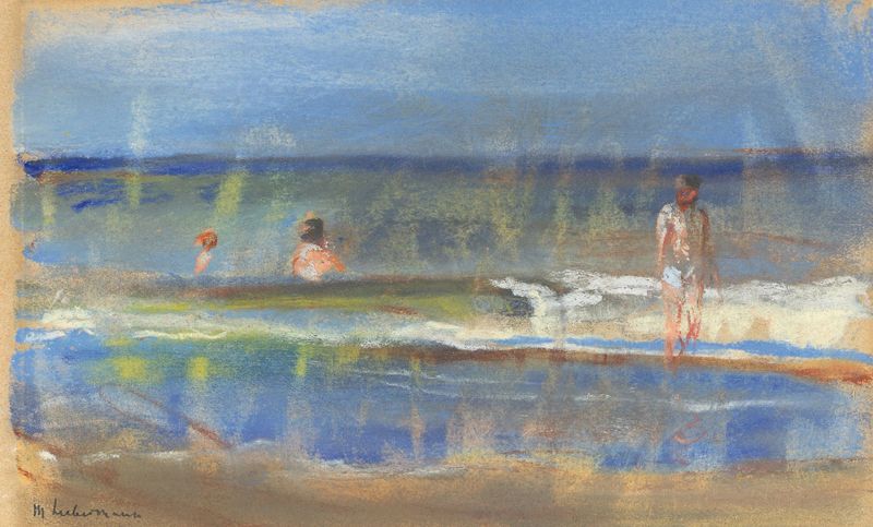 Pintura al óleo de Max Liebermann que representa figuras en el mar con luz solar