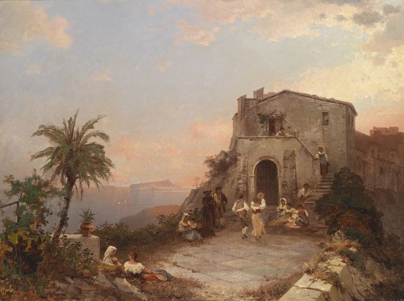 Escena de género que representa un festival de verano de Franz Richard Unterberger, pintura al óleo