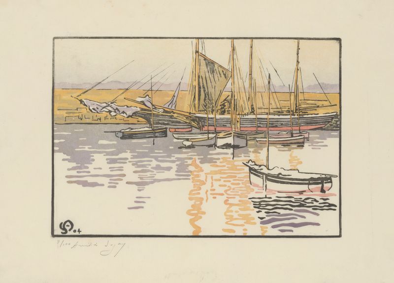 Oil painting by Amédée Joyau depicting sailing boats at dawn in Roscoff.
