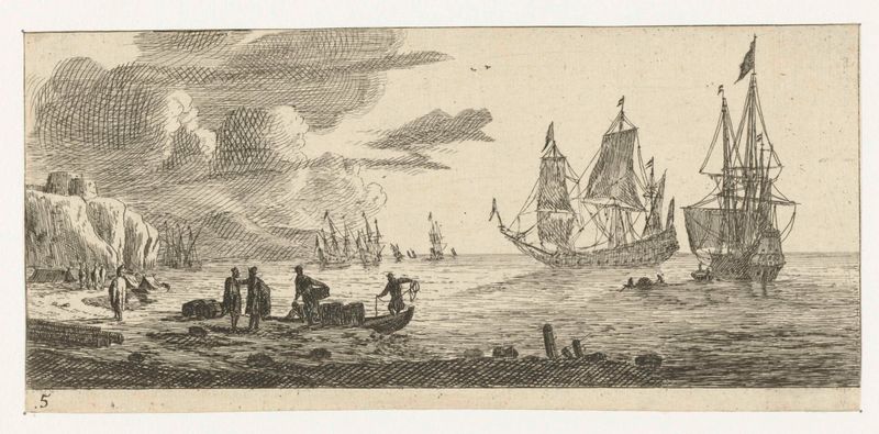 Gravura de Reinier Nooms mostrando dois barcos à vela em um porto calmo.