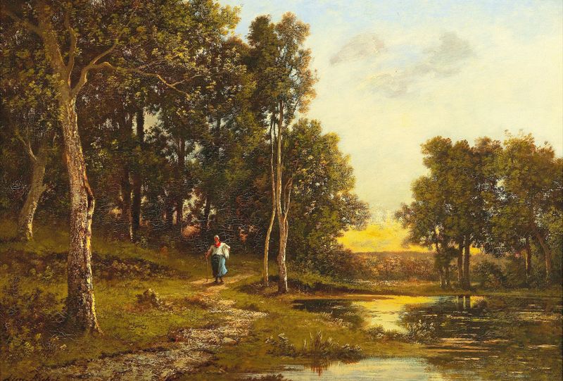 Figura solitária caminhando por um caminho sinuoso em uma paisagem, pintura a óleo de Leon Richet