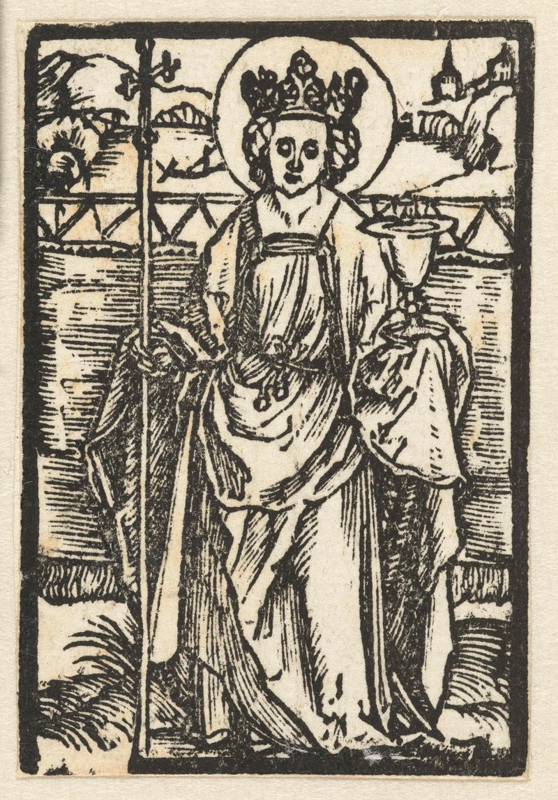 Heilige Barbara de Albrecht Dürer, medio papel, representando una figura religiosa con un fondo arquitectónico.