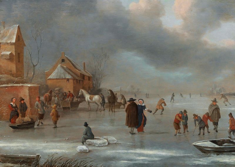 A winter landscape with skaters on the ice, oil on canvas by Nicolaes Molenaer