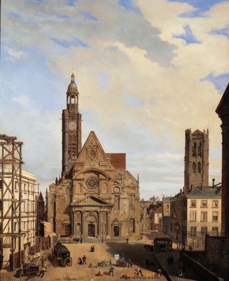 L’Église Saint-Étienne-du-Mont de Charles Désiré Claude Maillot, óleo sobre tela que retrata a fachada de uma igreja.