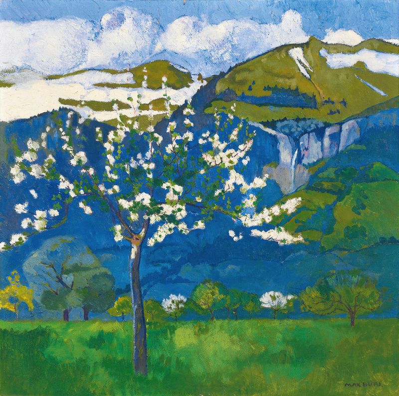 Spring Landscape by Max Buri, impressionist oil painting of rolling hills and a blue sky.
