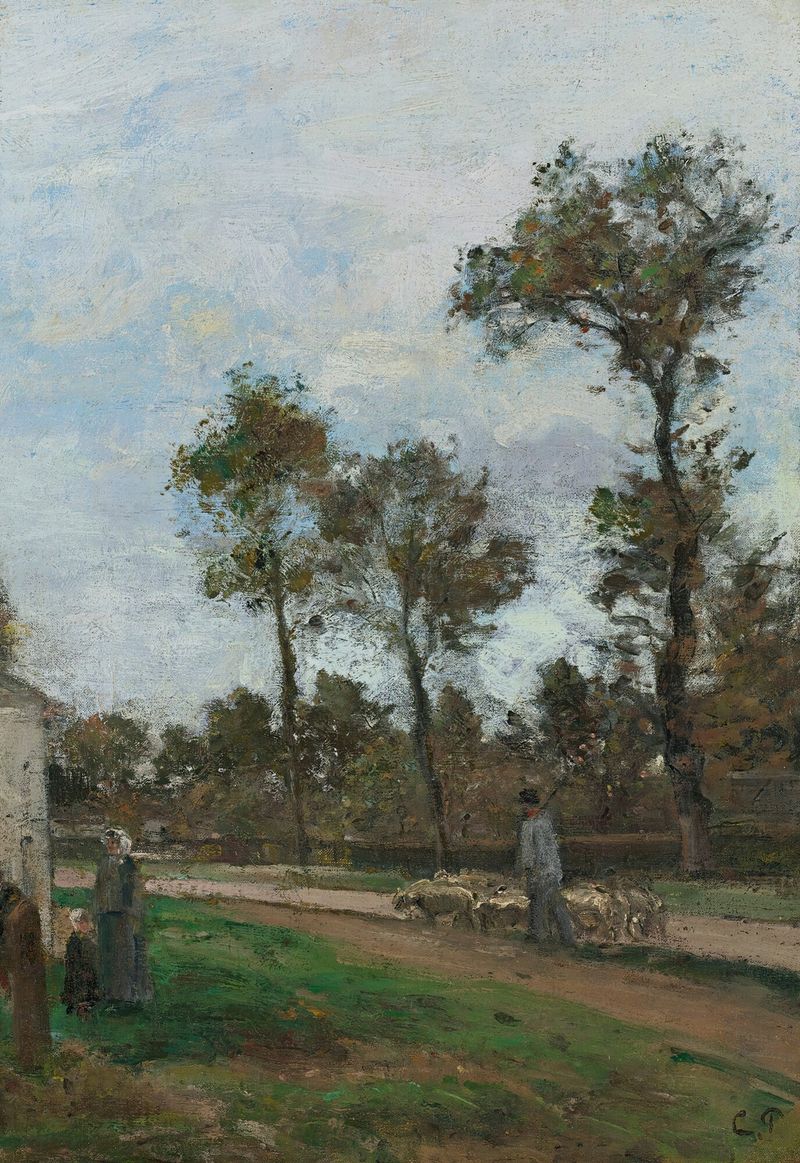 Route À Louveciennes, óleo sobre lienzo de Camille Pissarro, muestra un camino serpenteante a través de un bosque.