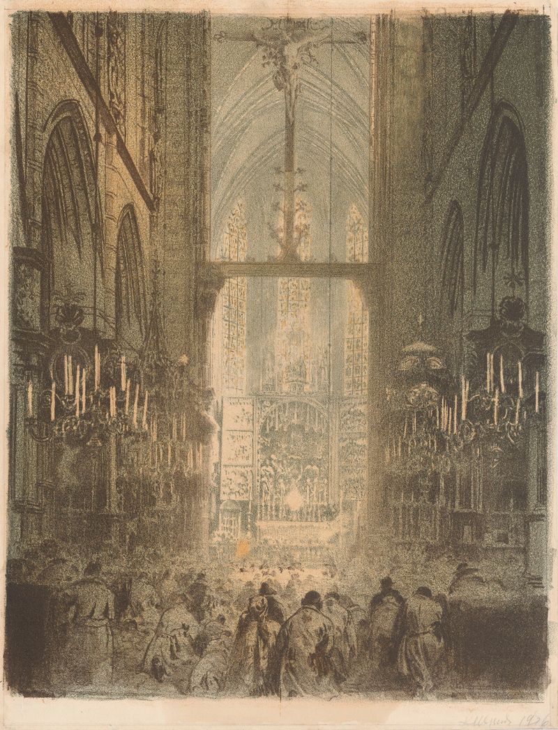 Interior de iglesia con el retablo de Veit Stoss, óleo sobre lienzo de Leon Wyczółkowski