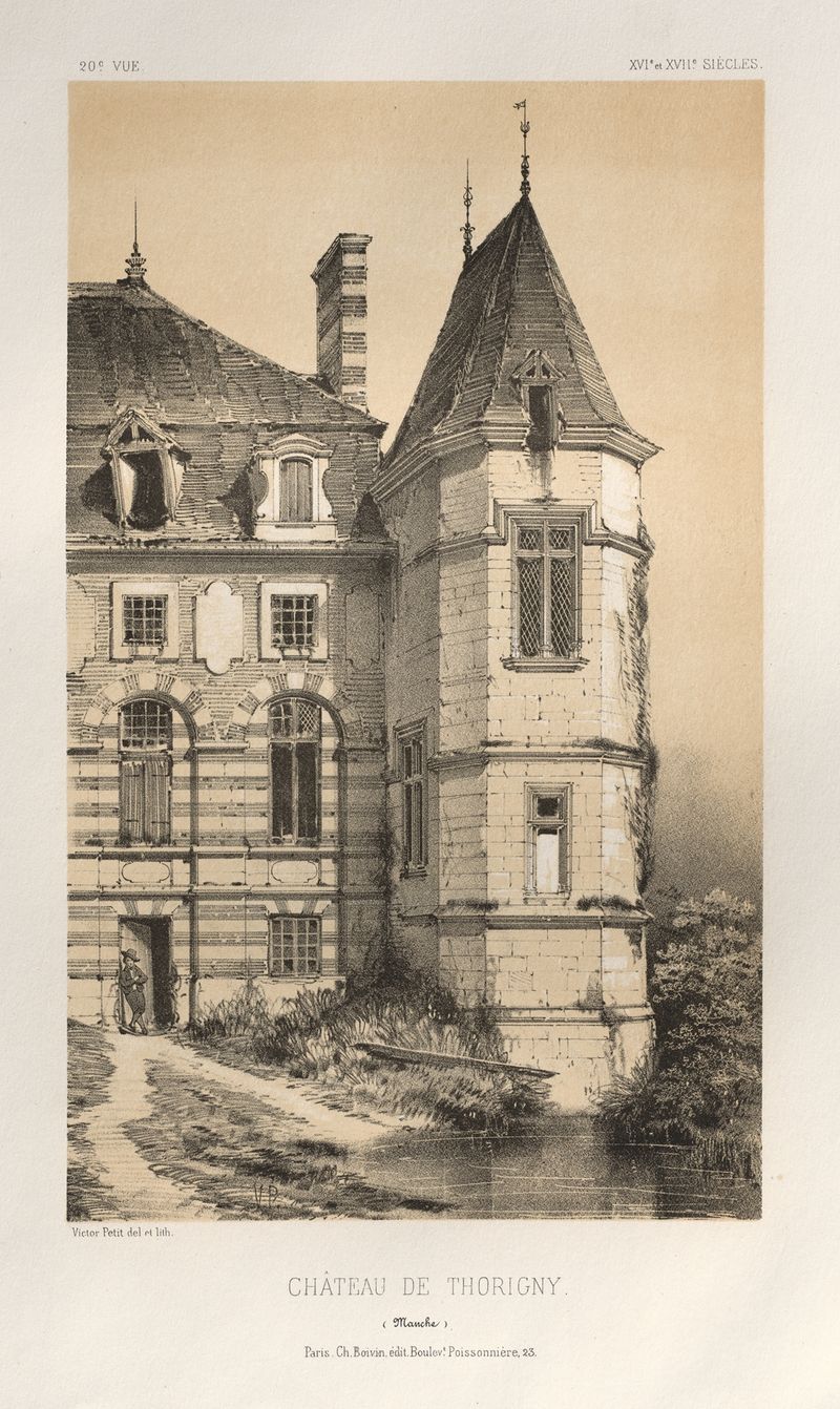 Chateau De Thorigny (Manche) de Victor Petit, pintura al óleo que muestra la fachada de un chateau con árboles.