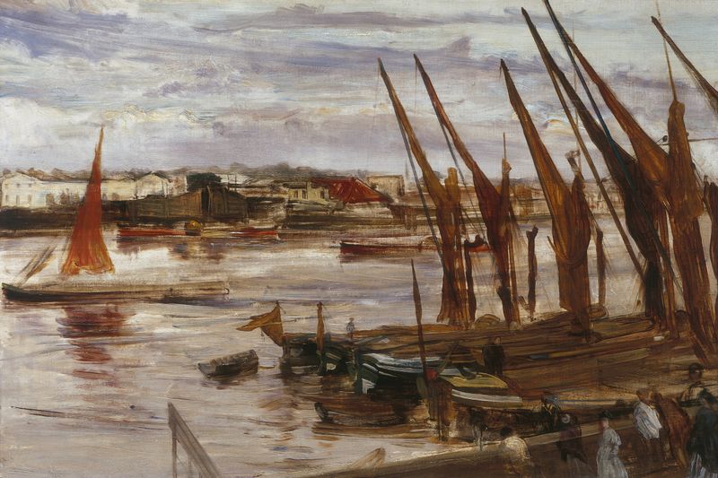 Battersea Reach de James Abbott McNeill Whistler, óleo sobre lienzo que representa un río y un puente al amanecer.