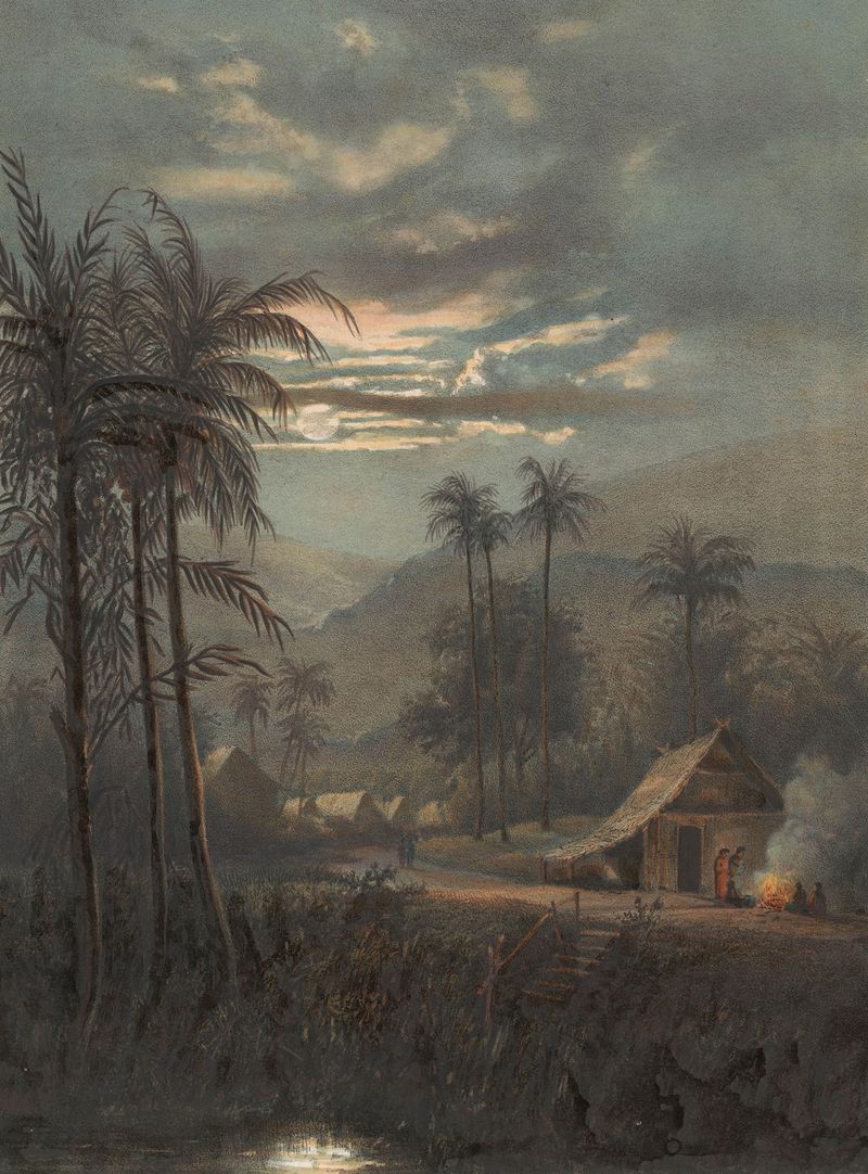 Landschap bij maanlicht in de omgeving van Sumedang de Johan Conrad Greive, pintura al óleo