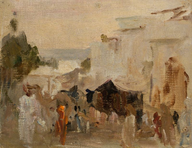 Rua em Udaipur, Pós-Impressionismo de Jan Ciągliński, retratando cores vibrantes e luz do entardecer.
