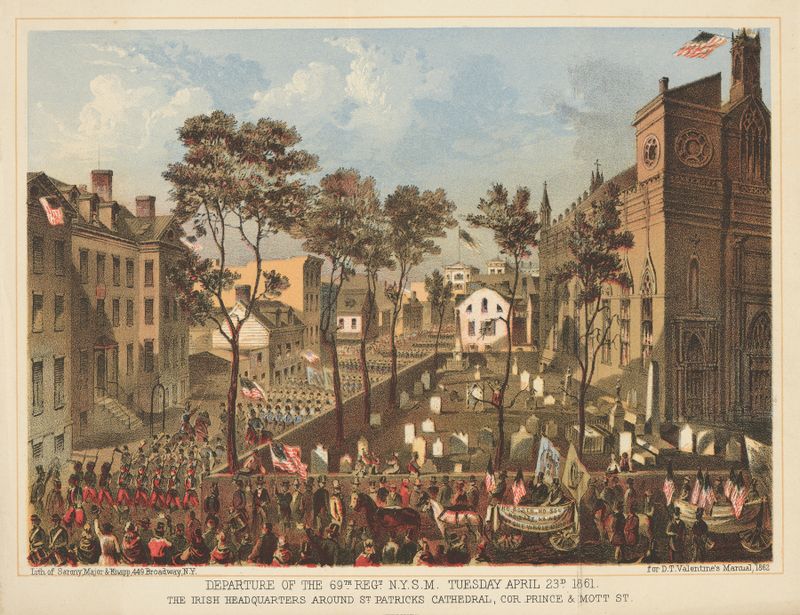 Lithograph by Sarony & Knapp depicting the 69th Regiment's departure near St. Patrick's Cathedral