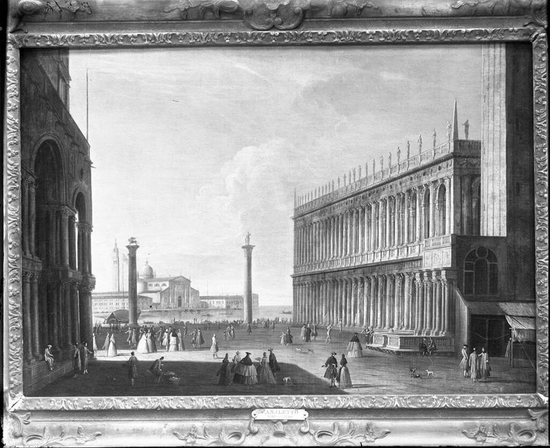 A Piazzetta, Veneza, após Canaletto, óleo sobre tela, refletindo a arquitetura na água.