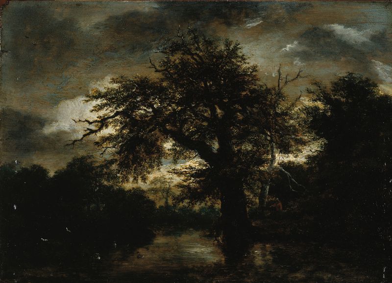 Le Vieux Chêne de Jacob van Ruisdael, pintura al óleo de un gran roble con luz filtrándose entre las hojas.