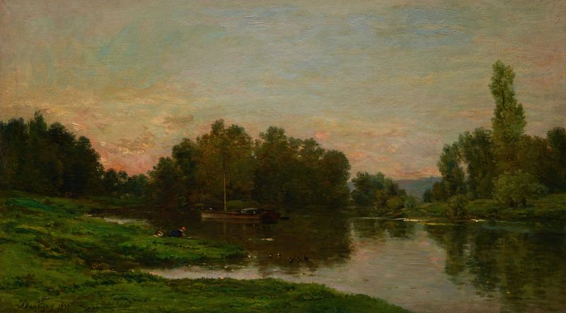 A Barca do Pintor na Ilha de Vaux no Rio Oise de Charles François Daubigny, pintura a óleo