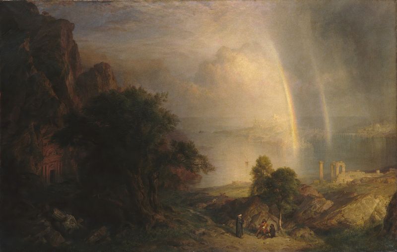 O Mar Egeu de Frederic Edwin Church, pintura a óleo que retrata águas azuis e luz do sol.