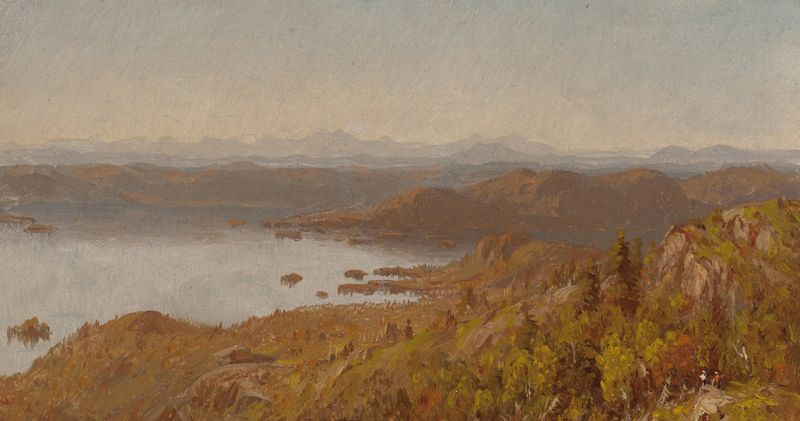 Paisaje de Lake George con montañas y nubes, pintura al óleo de Sanford Robinson Gifford