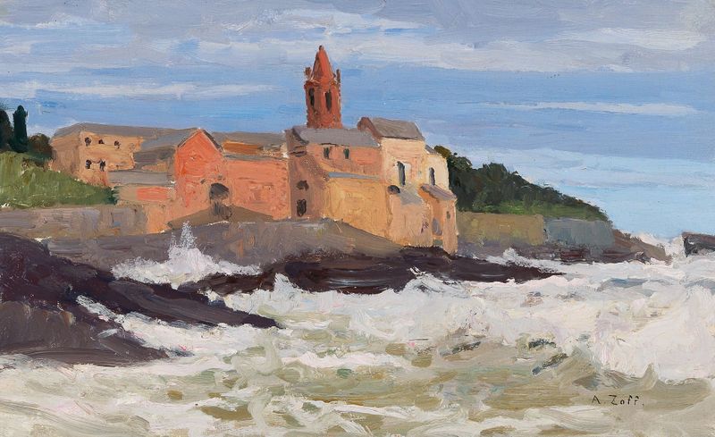 Paisaje con horizonte sereno en óleo de Alfred Zoff