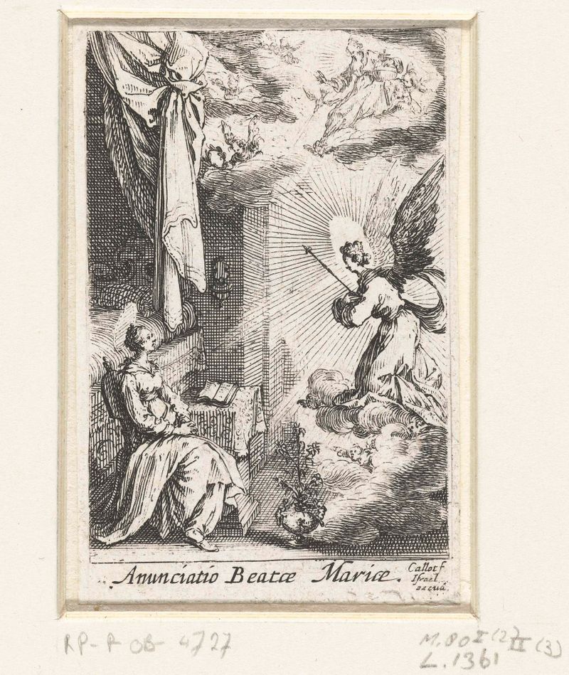 Etching by Jacques Callot depicting the Annunciation with an angel and the Virgin Mary.
