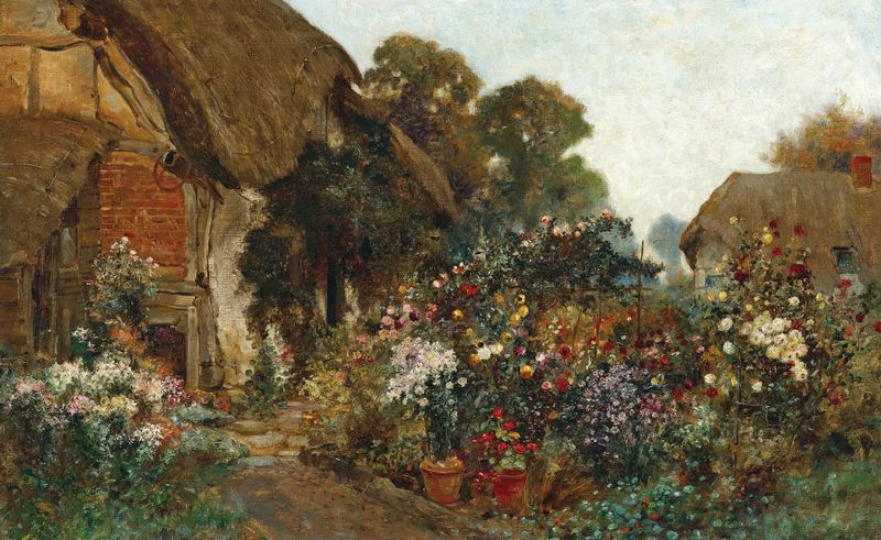 A Rustic Garden in Blossom by Hugo Charlemont, depicting a woman in a garden, medium unknown.