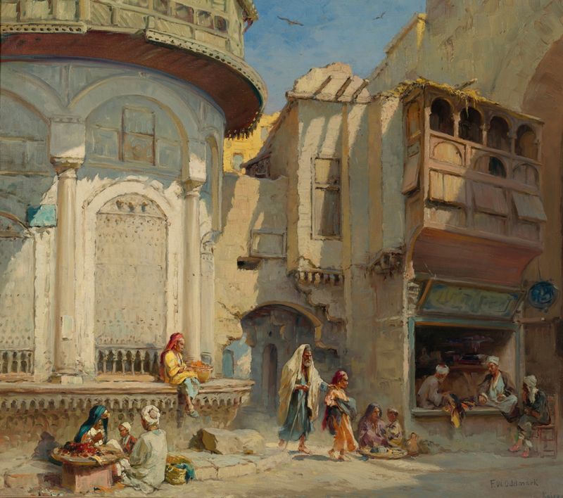 Genre scene depicting figures in sunlight, An Afternoon In Cairo by Frans Wilhelm Odelmark