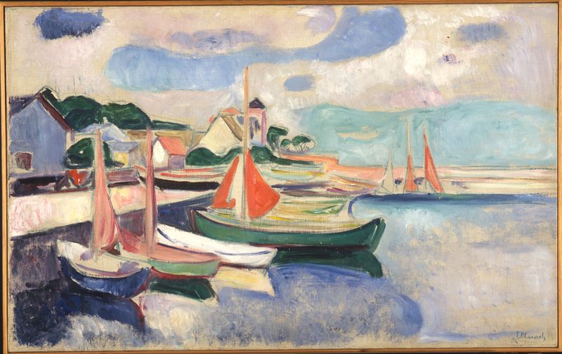 Taarbæk Harbour by Edvard Munch, oil painting depicting shimmering water and a wooden jetty