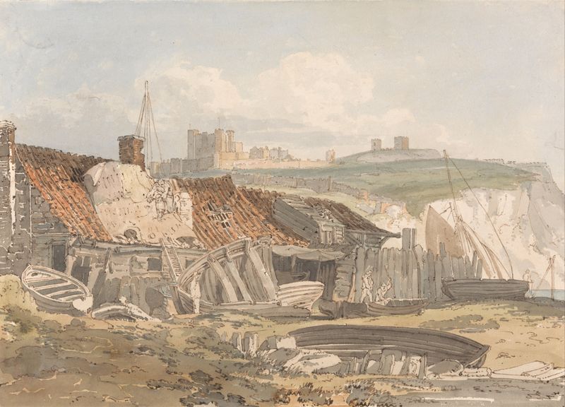 Paisaje en acuarela de Dover por Thomas Girtin, con colinas, agua y nubes.