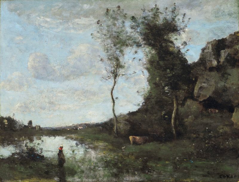 óleo de Jean-Baptiste-Camille Corot que muestra a una campesina y una vaca junto a un lago
