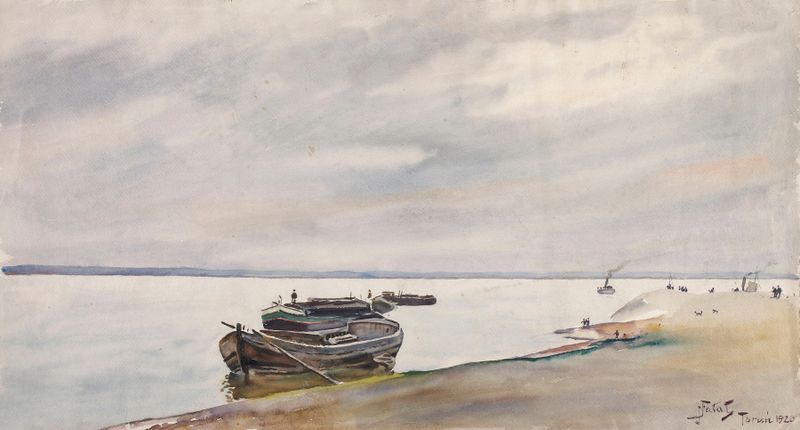 Boats and steamship on the Vistula near Toruń, oil on canvas by Julian Falat
