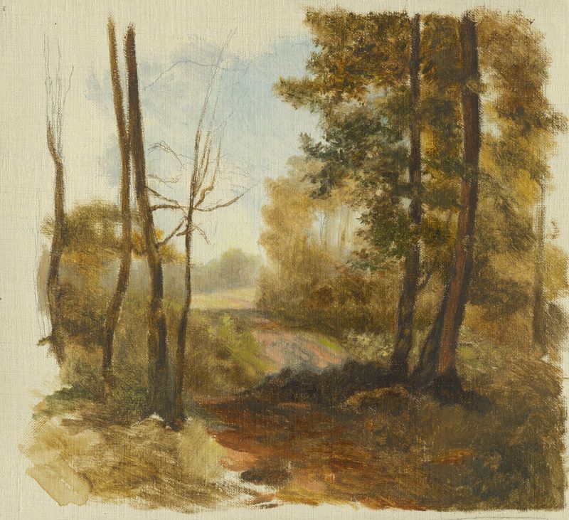 Forest Path by Jan Nowopacký, oil painting depicting a lush forest with vibrant foliage and dappled light.