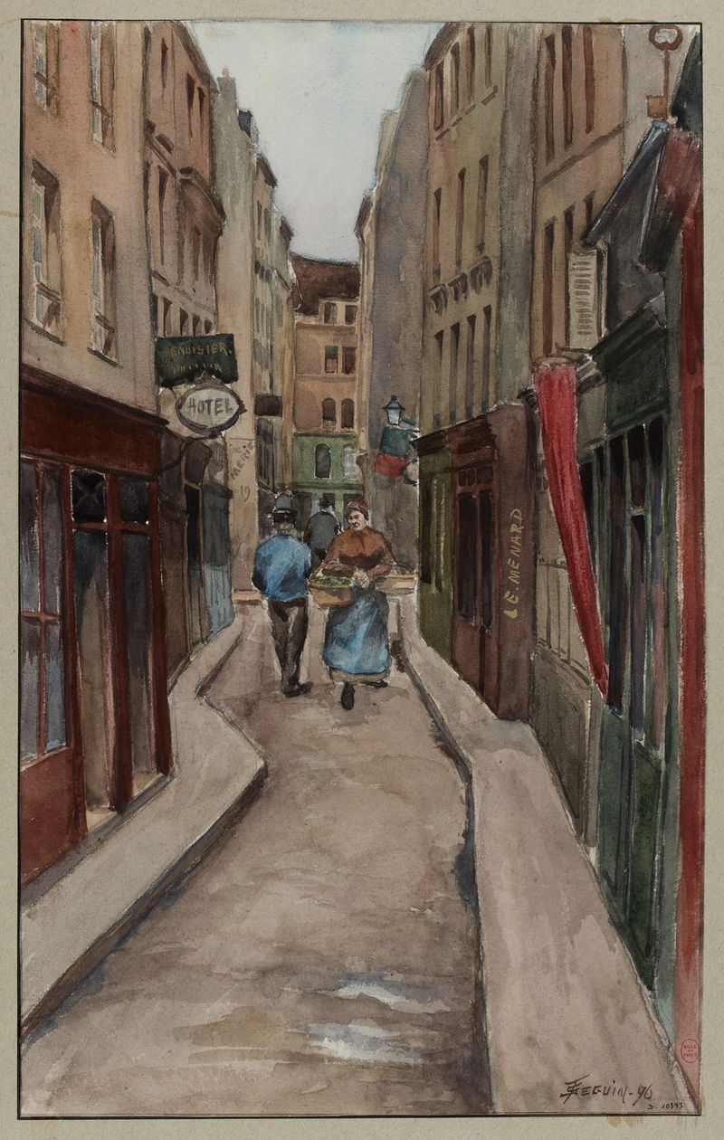 Rue Geoffroy l’Angevin, óleo sobre tela de F. Séguin, retratando uma vibrante cena de rua com figuras e edifícios.