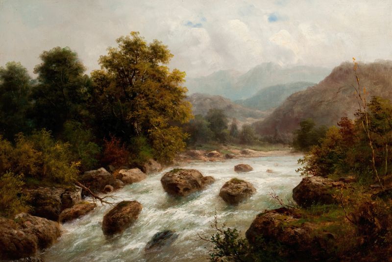 Alpine Landscape with River by Julius Rose, oil painting depicting mountains and a river.