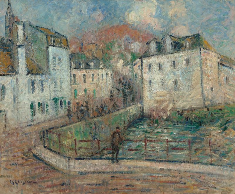 Vue de Pont Aven de Gustave Loiseau, pintura a óleo impressionista de uma paisagem de rio tranquila.