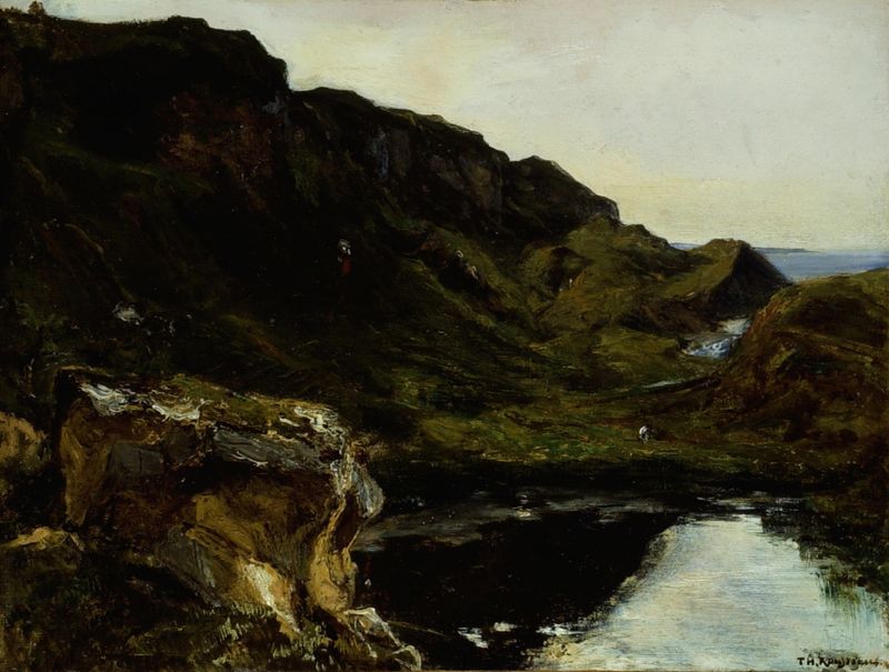 Paisagem de Théodore Rousseau, pintura a óleo que retrata árvores e céu.