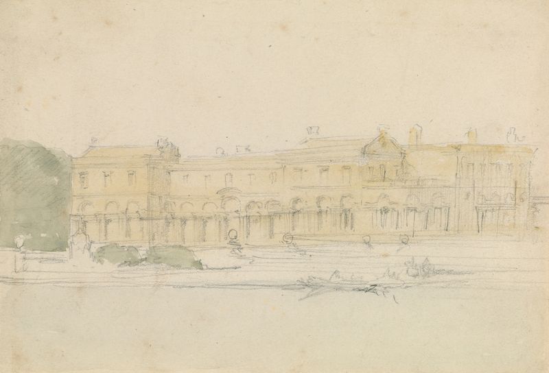 Palacio sobre un río de David Roberts, óleo sobre lienzo que muestra un palacio sobre un río.