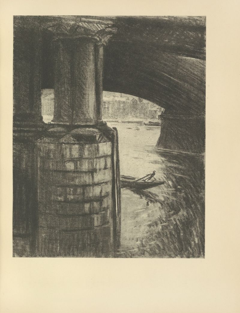 Under Blackfriars de Joseph Pennell, retratando a Ponte Blackfriars em uma paisagem urbana, gravura