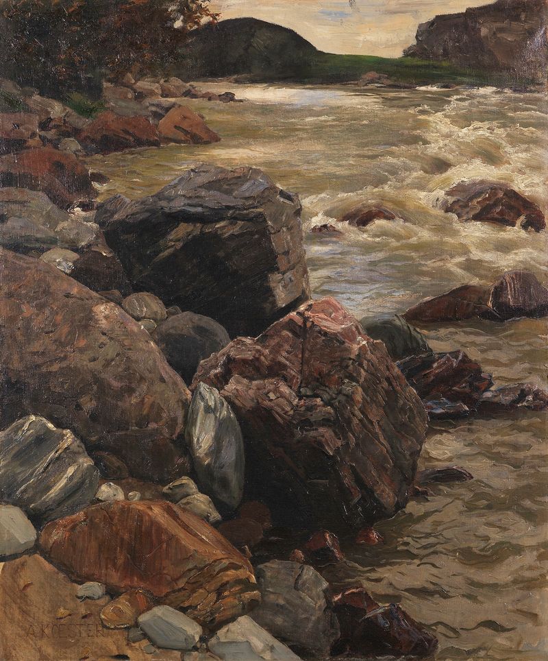 Landscape of Am Eisack in Südtirol by Alexander Koester, oil painting depicting a serene river and reflections.