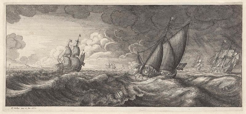 Zeilschip en drie oorlogsschepen in een zeestorm, gravura de Wenceslaus Hollar