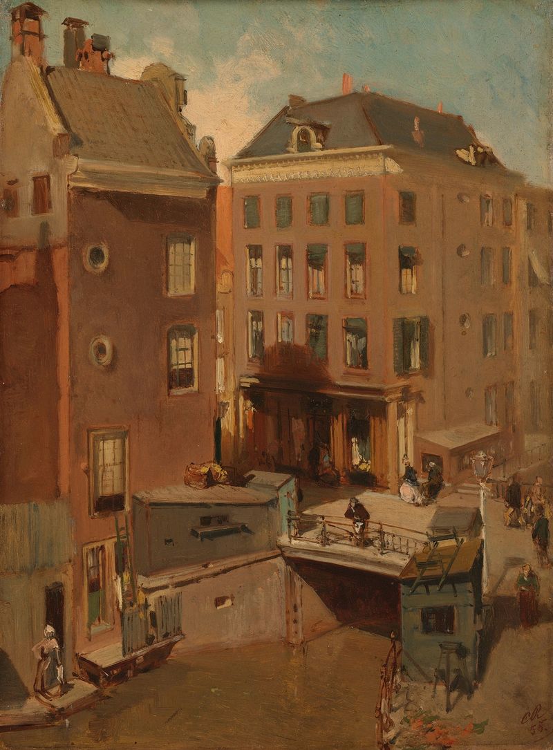 The Osjessluis near Kalverstraat in Amsterdam, oil painting by Charles Rochussen depicting a tranquil canal landscape.