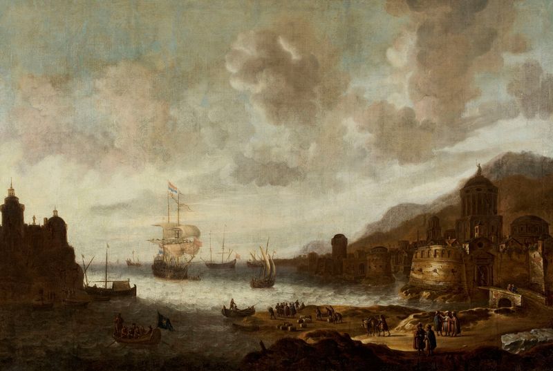 Dutch ship in an exotic port, oil painting by Jan Abrahamsz Beerstraaten