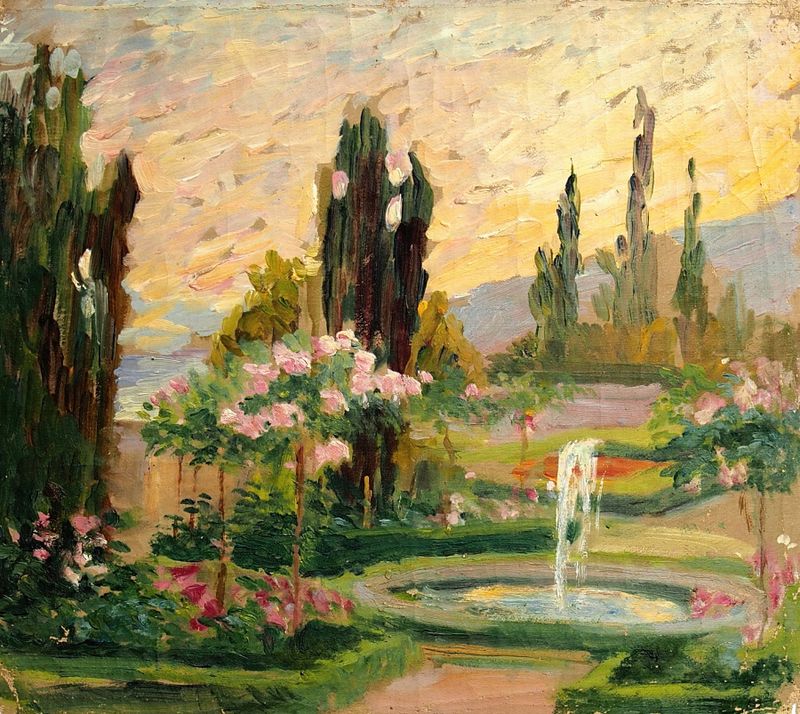 Landscape with vibrant colors, dynamic brushwork by Lilly Walther, oil on canvas