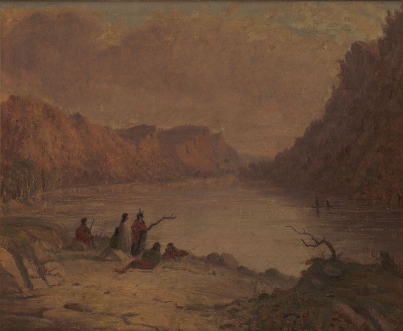 Lover's Leap de Seth Eastman, óleo sobre tabla que muestra un paisaje tranquilo con montañas y un río.