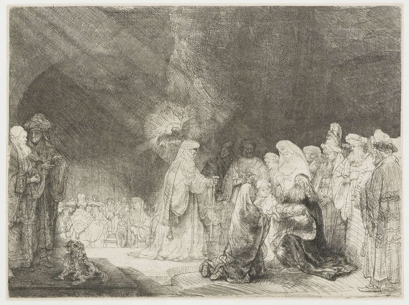 Gravura de Rembrandt van Rijn de um casal apresentando seu filho em um templo
