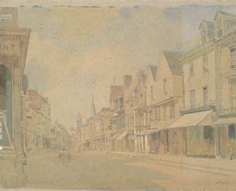 Cena de rua na Inglaterra por Hugh Bellingham-Smith, óleo sobre tela que retrata uma rua de paralelepípedos e edifícios en...